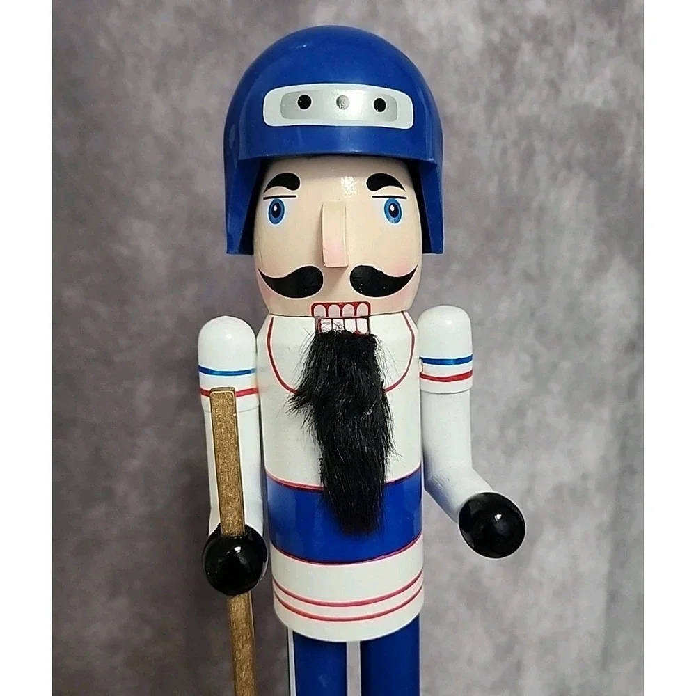 Hockey Player Nutcracker Puck Stick Red Blue White Wood Christmas 16